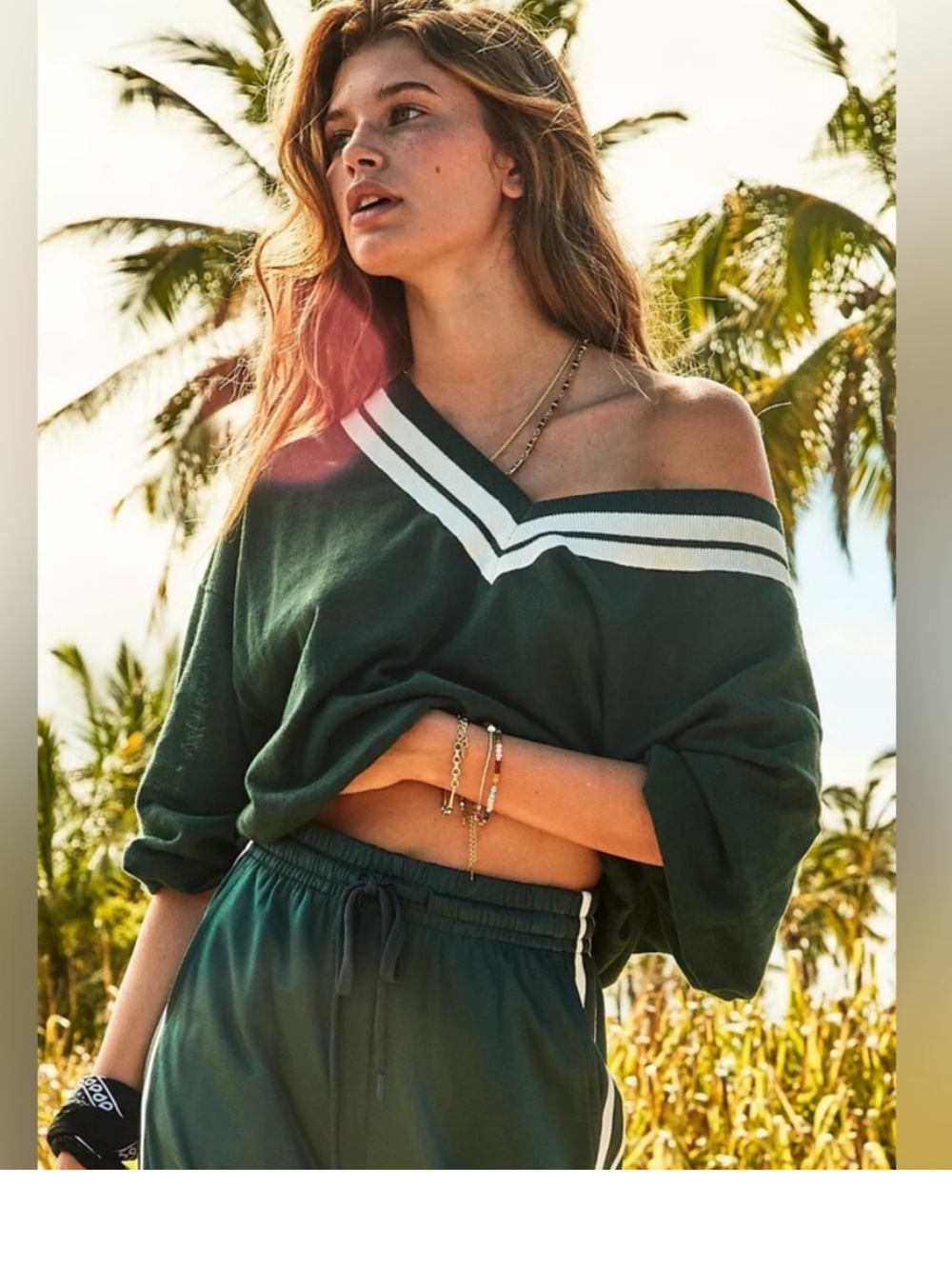 NWOT The Upside Bonita Linen and Cotton Blend Green V Neck Sweater. Preppy. SZ L